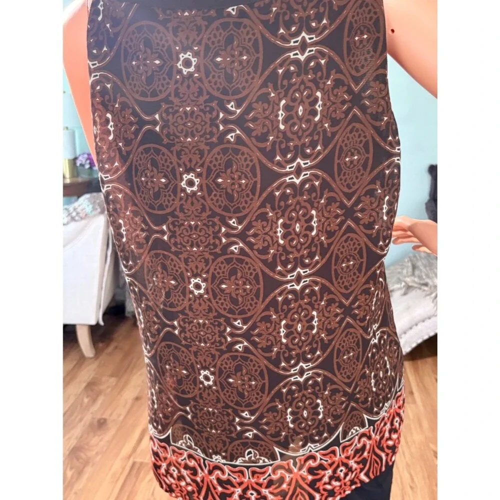 Zac & Rachel XL Sheer Beaded Blouse Brown Boho Print Sleeveless Lined Top - Picture 5 of 5